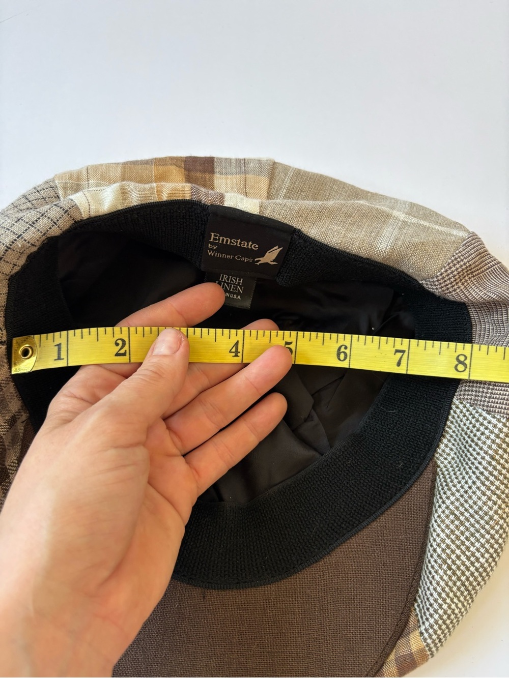 Emstate Winner Caps 8/4 Panel Linen Patchwork Hat Newsboy Brown Tan Snap Artsy - Picture 6 of 6